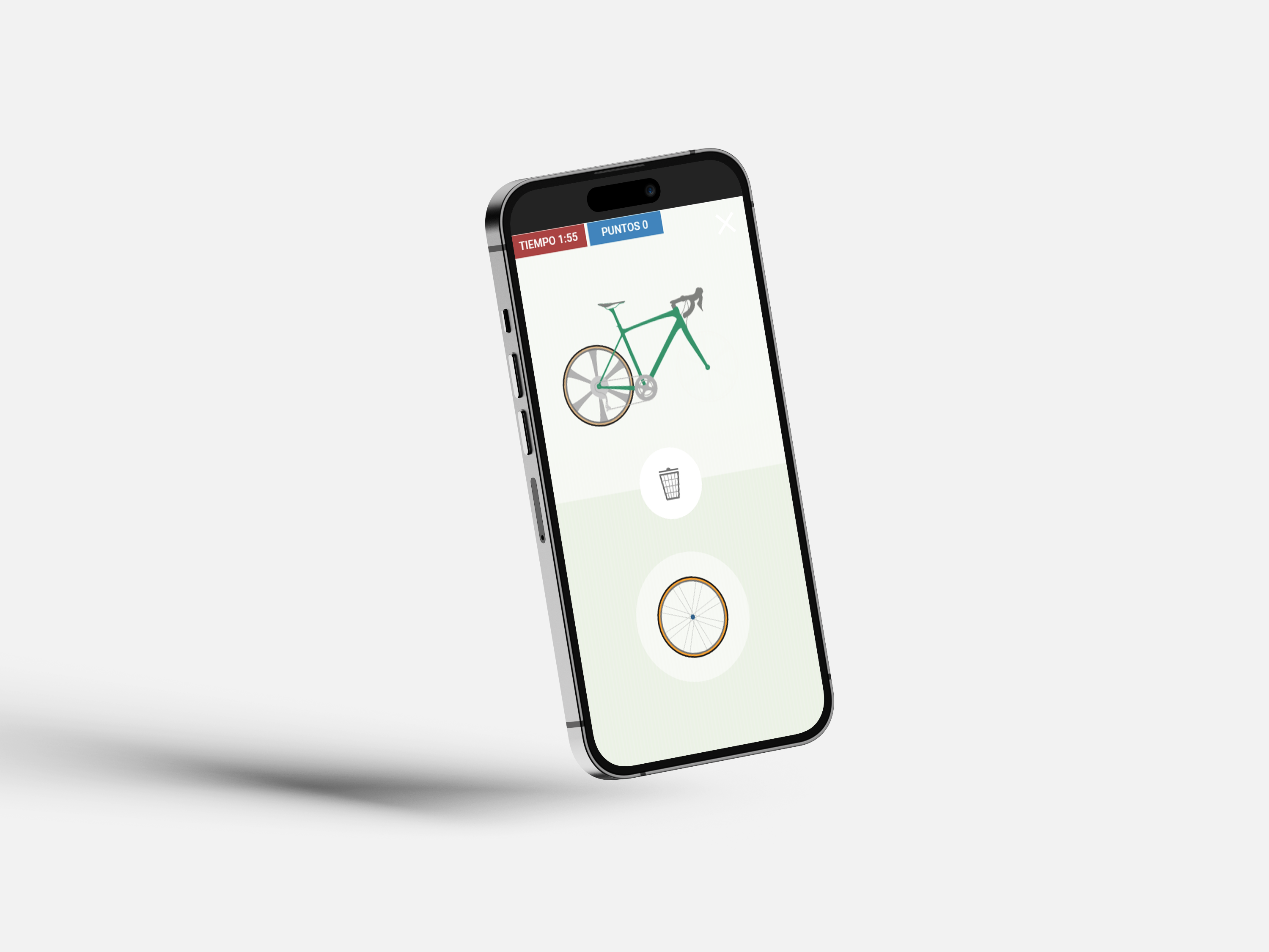 Minijuego de rehabilitación cognitiva “A cada bici su rueda”, con varias bicicletas y ruedas en pantalla para que la persona usuaria identifique rápidamente la combinación correcta en una interfaz móvil sencilla y visual.